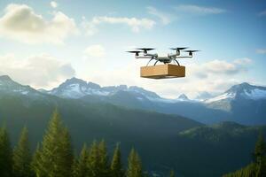 ai génératif. une drone livre nourriture, les boissons ou médicament dans une papier carton boîte tandis que en volant plus de le montagnes. photo