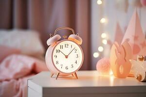 une rose alarme l'horloge des stands sur une table dans une enfants pièce avec une rose intérieur. le concept de enfants sommeil calendrier. ai génératif photo