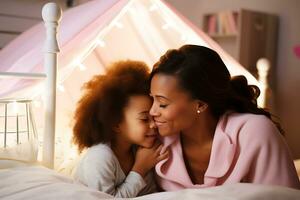 africain américain mère et fille dans rose vêtements et dans une rose enfants pièce intérieur étreindre et souriant. ai génératif photo