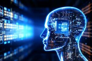 artificiel intelligence dans virtuel réalité. robot tête conceptuel conception portrait. électronique esprit. neurone, Profond machine apprentissage concept. ai génératif photo