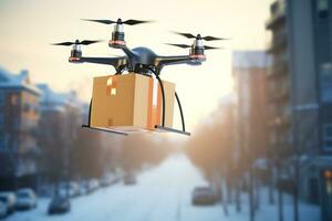 ai génératif. une drone livre un commande ou cadeau dans une papier carton boîte en volant par le neigeux ville des rues photo