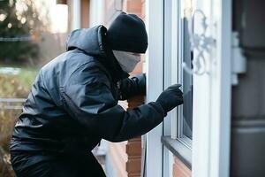 une voleur dans une noir veste, chapeau, masque et gants est en essayant à ouvert le porte à un appartement bâtiment. ai génératif photo