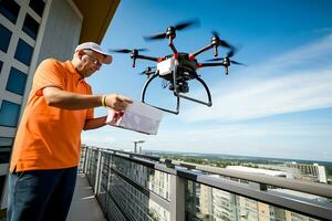 ai génératif. une drone livre nourriture, les boissons ou médicament dans une papier carton boîte à une Masculin client directement à le balcon de une gratte-ciel bâtiment dans une Résidentiel complexe. photo