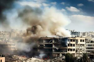 ai génératif. une énorme colonne de noir fumée au dessus une détruit bâtiment contre le toile de fond de une gros ville. détruit bâtiments, guerre, conflit photo