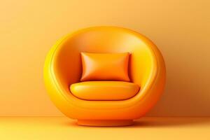 Orange chaise de une sphérique forme avec oreillers sur une Orange arrière-plan, 3d. ai génératif photo