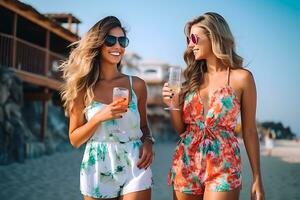 ai génératif. deux magnifique Jeune femmes dans brillant été costume marcher le long de le plage avec des cocktails dans leur mains et rire. horizontal photo