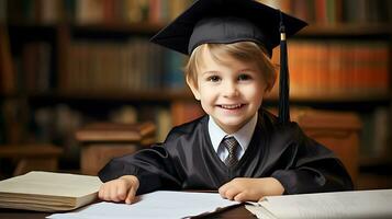 une enfant garçon dans une noir peignoir et casquette est assis à une table dans une bibliothèque avec ouvert livres. le concept de le début de le école an. ai génératif photo