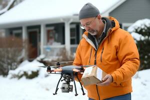 ai génératif. une drone livre un commande dans une papier carton boîte à le porte de une maison dans neigeux temps. une homme dans de face de le maison reçoit un commande photo