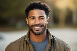 une Jeune africain américain homme dans une marron veste pose sur le rue. homme à la recherche à caméra et souriant. ai génératif photo