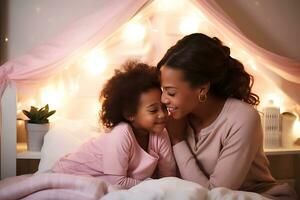 africain américain mère et fille dans rose vêtements et dans une rose enfants pièce intérieur étreindre et souriant. ai génératif photo