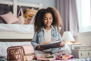 africain américain fille met école Provisions dans une école sac à dos dans sa enfants pièce séance sur le lit. ai génératif photo