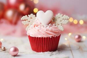 ai génératif. rose Noël petit gâteau avec ange ailes et une cœur dans le milieu photo