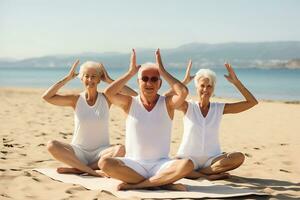 ai génératif. groupe de les personnes âgées Faire yoga sur le plage dans ensoleillé temps. horizontal photo