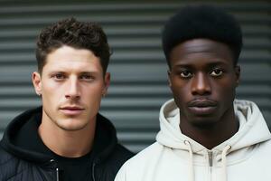 deux Jeune caucasien et africain américain Hommes dans blanc et noir tenue de sport pose sur le rue. Jeune Hommes à la recherche à le caméra. ai génératif photo