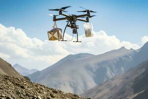 ai génératif. une drone livre nourriture, les boissons ou médicament dans une papier carton boîte tandis que en volant plus de le montagnes. photo