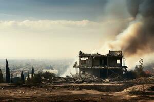 ai génératif. une énorme colonne de noir fumée au dessus une détruit bâtiment contre le toile de fond de une gros ville. détruit bâtiments, guerre, conflit photo