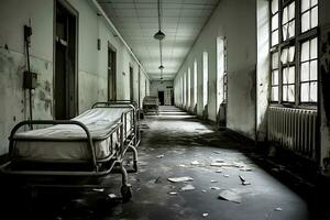 couloir de un vieux abandonné hôpital avec rouillé des lits et cassé verre. ai génératif photo