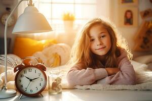 éveillé bébé fille dans pyjamas mensonges sur le lit, regards dans le caméra. là sont horloges proche. ai génératif photo