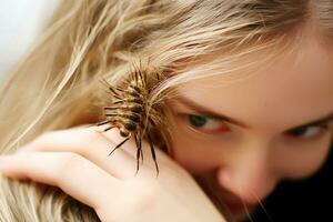 ai génératif. une grand insecte rampe le long de une les filles main. concept de tactile hallucinations photo