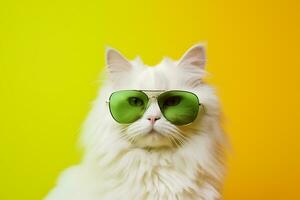 à la mode blanc duveteux chat dans vert des lunettes posant sur une Jaune Contexte. ai génératif photo