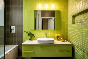 minimaliste salle de bains conception. le salle de bains est principalement carrelé avec vert carrelage. ai génératif photo