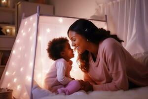 africain américain mère et fille dans rose vêtements et dans une rose enfants pièce intérieur Regardez à chaque autre et sourire. ai génératif photo