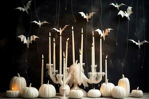 sur une noir arrière-plan, Halloween décor de bougies dans le forme de blanc citrouilles, longue blanc bougies et blanc chauves-souris. ai génératif photo