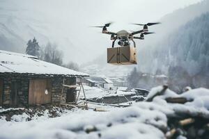 ai génératif. drone livraison de un commande, nourriture ou médicament à le campagne, village ou difficile à atteindre zones dans hiver photo