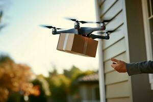 ai génératif. une drone livre un commande dans une papier carton boîte à un personnes âgées homme maison. photo