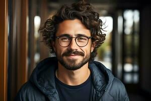 portrait de une Jeune homme avec frisé foncé cheveux, portant des lunettes et une foncé veste. une souriant homme regards dans le caméra. ai génératif photo