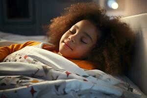 africain américain fille en train de dormir dans sa lit dans une foncé enfants pièce avec le nuit lumière tourné sur. ai génératif photo