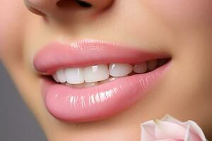 ai génératif. tondu photo de femme bouche avec parfait blanc brillant sourire et en bonne santé les dents