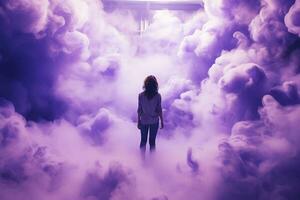 ai génératif. le fille des stands avec sa retour à le caméra parmi lilas des nuages. le concept de rêver, le chemin à liberté, à paradis. horizontal photo