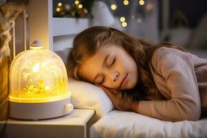 fille enfant dort dans sa lit dans une foncé enfants pièce avec le nuit lumière tourné sur. ai génératif photo