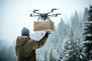 ai génératif. drone livraison de un commande ou premier aide à touristes dans une hiver forêt dans le montagnes photo