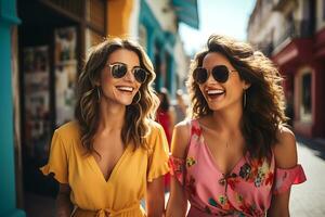 deux Latin Amérique les filles dans brillant vêtements et des lunettes de soleil sont en marchant vers le bas le rue dans ensoleillé temps. ai génératif photo