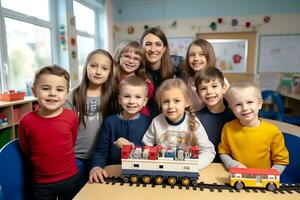 ai génératif. les enfants et Jardin d'enfants prof Regardez à le caméra et sourire. horizontal photo