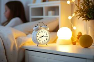 le enfant mensonges dans lit, suivant à le la table de nuit là est une l'horloge et spectacles en retard temps. le concept de enfants sommeil calendrier. ai génératif photo