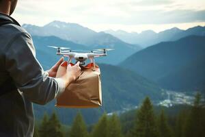 ai génératif. une drone livre nourriture, les boissons ou médicament dans papier carton emballage à le montagnes. une homme reçoit un commande ou assistance en utilisant une drone. photo