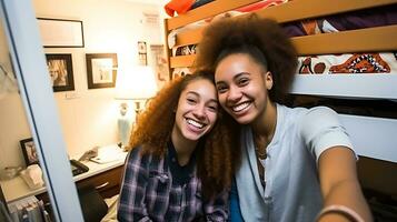 deux étudiant les filles prendre une selfie dans une étudiant dortoir chambre. les filles souriant et à la recherche à le caméra. ai génératif photo