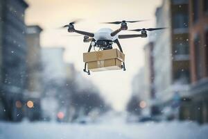 ai génératif. une drone livre un commande ou cadeau dans une papier carton boîte en volant par le neigeux ville des rues photo