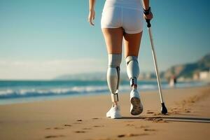 une Jeune désactivée femme avec prothétique jambes dans une court blanc survêtement des promenades le long de le plage le long de le mer dans ensoleillé temps. jambes proche en haut. ai génératif photo