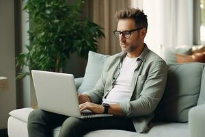 une Jeune homme de européen apparence dans des lunettes travaux comme une neural réseau tuteur. une homme est assis sur le canapé avec une portable sur le sien tour et enseigne en ligne. ai génératif photo