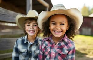 ai génératif. peu cow-boy et cow-girl dans cow-boy Chapeaux Regardez à le caméra et sourire. horizontal photo