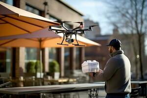 ai génératif. une drone livre un commande dans une papier carton boîte à le Restaurants Extérieur terrasse photo