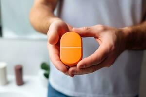 une homme détient un Orange récipient avec pilules dans le sien mains. le homme est permanent dans le salle de bains. fermer de une récipient. ai génératif photo