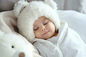 ai génératif. portrait de une bébé en train de dormir dans le sien lit portant une blanc grenouillère dans le forme de une ours. horizontal photo