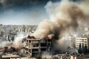 ai génératif. une énorme colonne de noir fumée au dessus une détruit bâtiment contre le toile de fond de une gros ville. détruit bâtiments, guerre, conflit photo