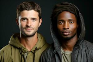 deux Jeune Hommes de caucasien et africain américain apparence dans des sports vestes pose contre une noir Contexte. Jeune Hommes à la recherche à le caméra et souriant. ai génératif photo