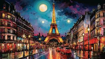 carte postale avec nuit Paris, le Eiffel la tour, néon style photo